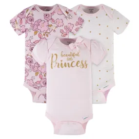 3-Pack Baby Girls Floral Princess Short Sleeve Onesies® Bodysuits