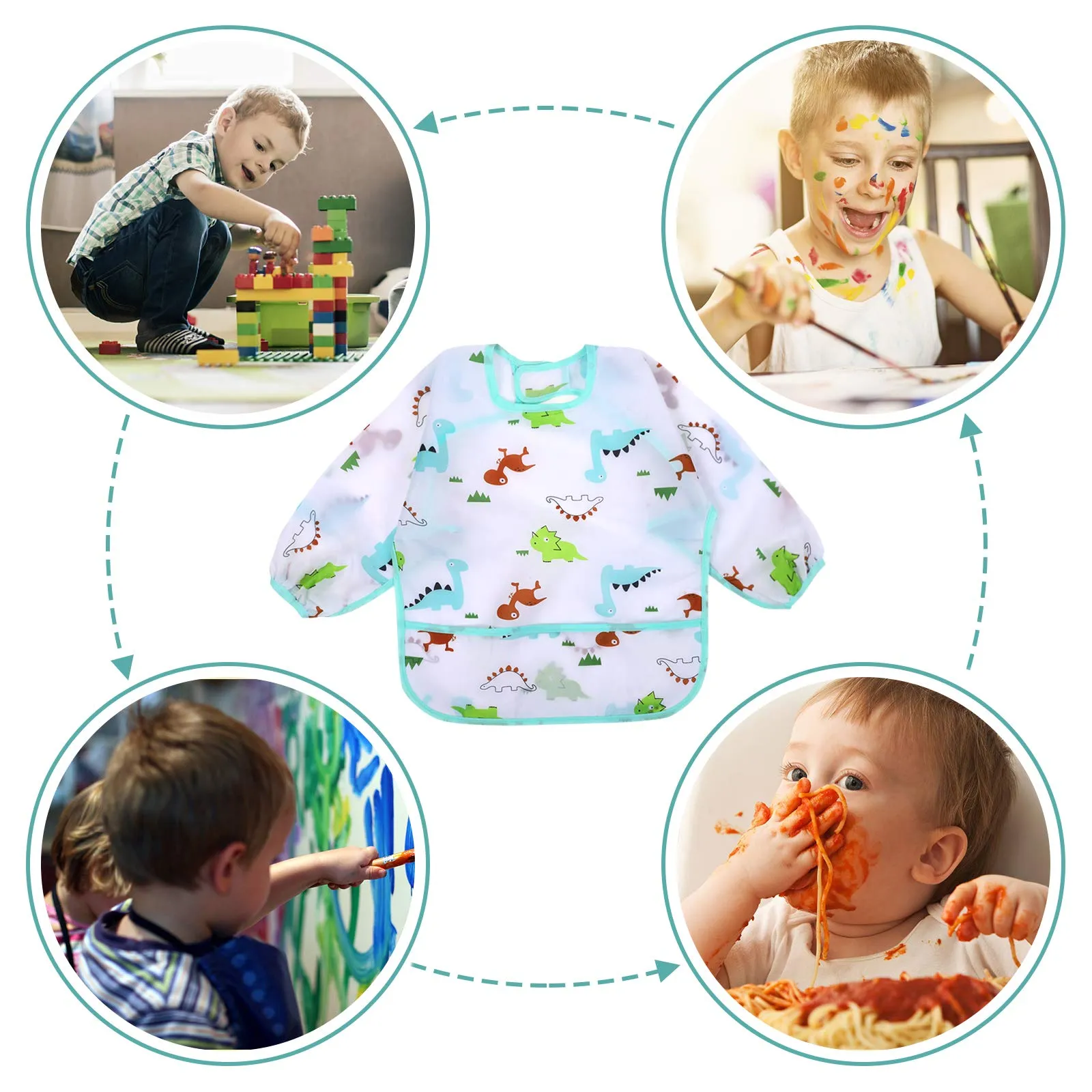 Accmor 5 Pack Long Sleeve Baby Bibs, Waterproof Sleeved Bib, Toddler Soft Bib for 6-36 Months Cactus/ Flamingo/Dinosaur/Pig/Elk Medium : 6-24 Months