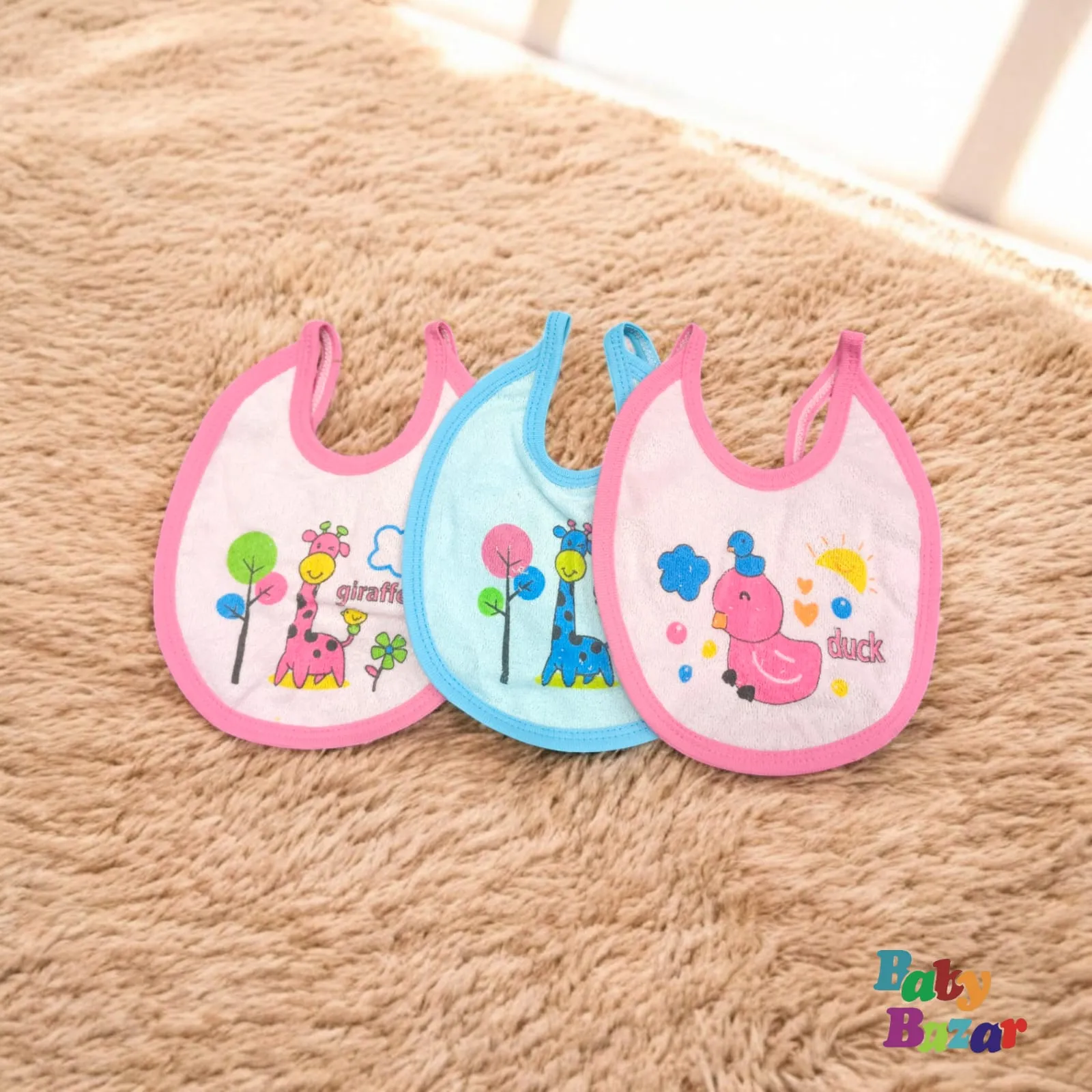 Baby Bazar Soft Cotton Bibs – 3 Pack | Waterproof & Adorable Baby Feeding Essentials
