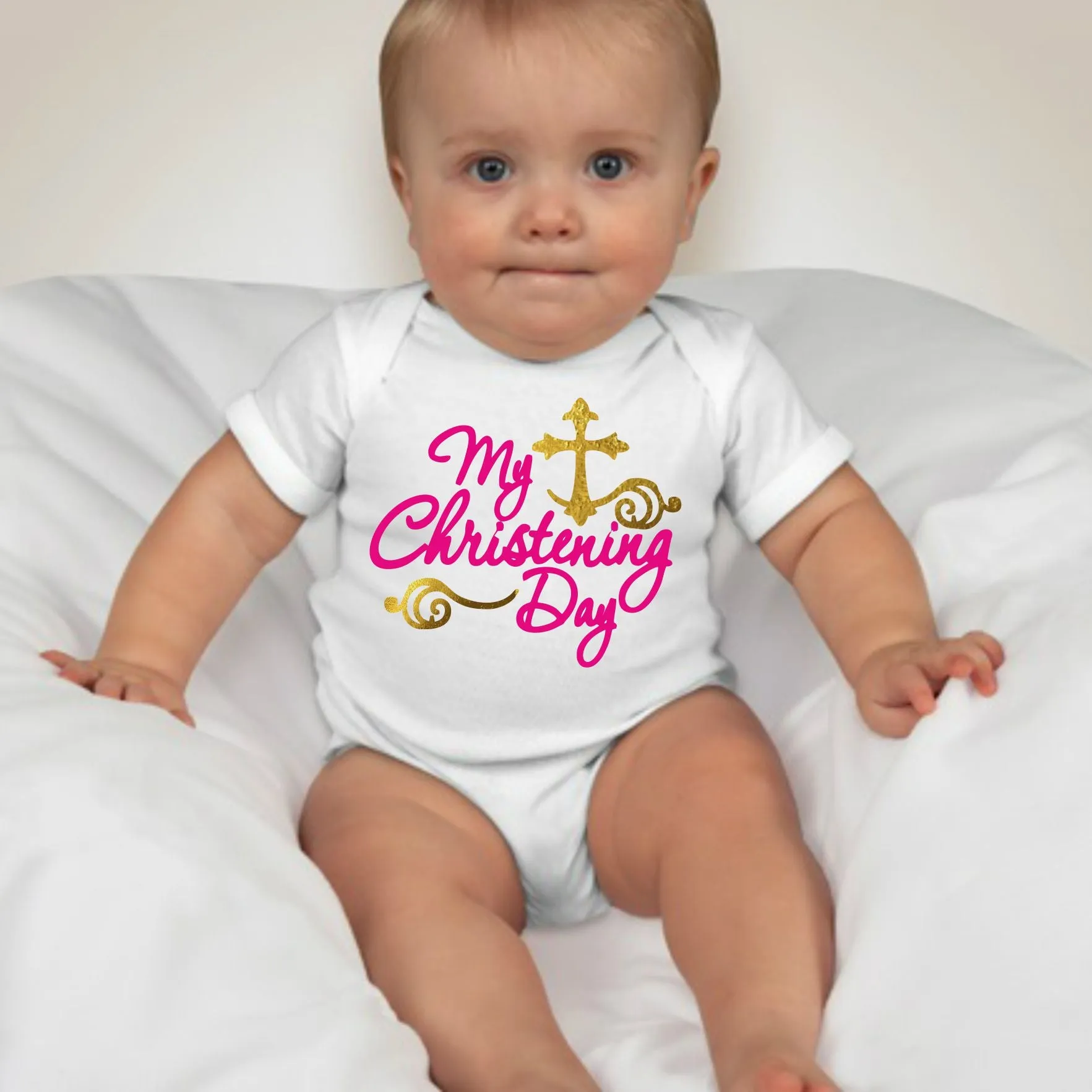 Baby Girl Christening Baptism Dedication Onesies - Pink Gold