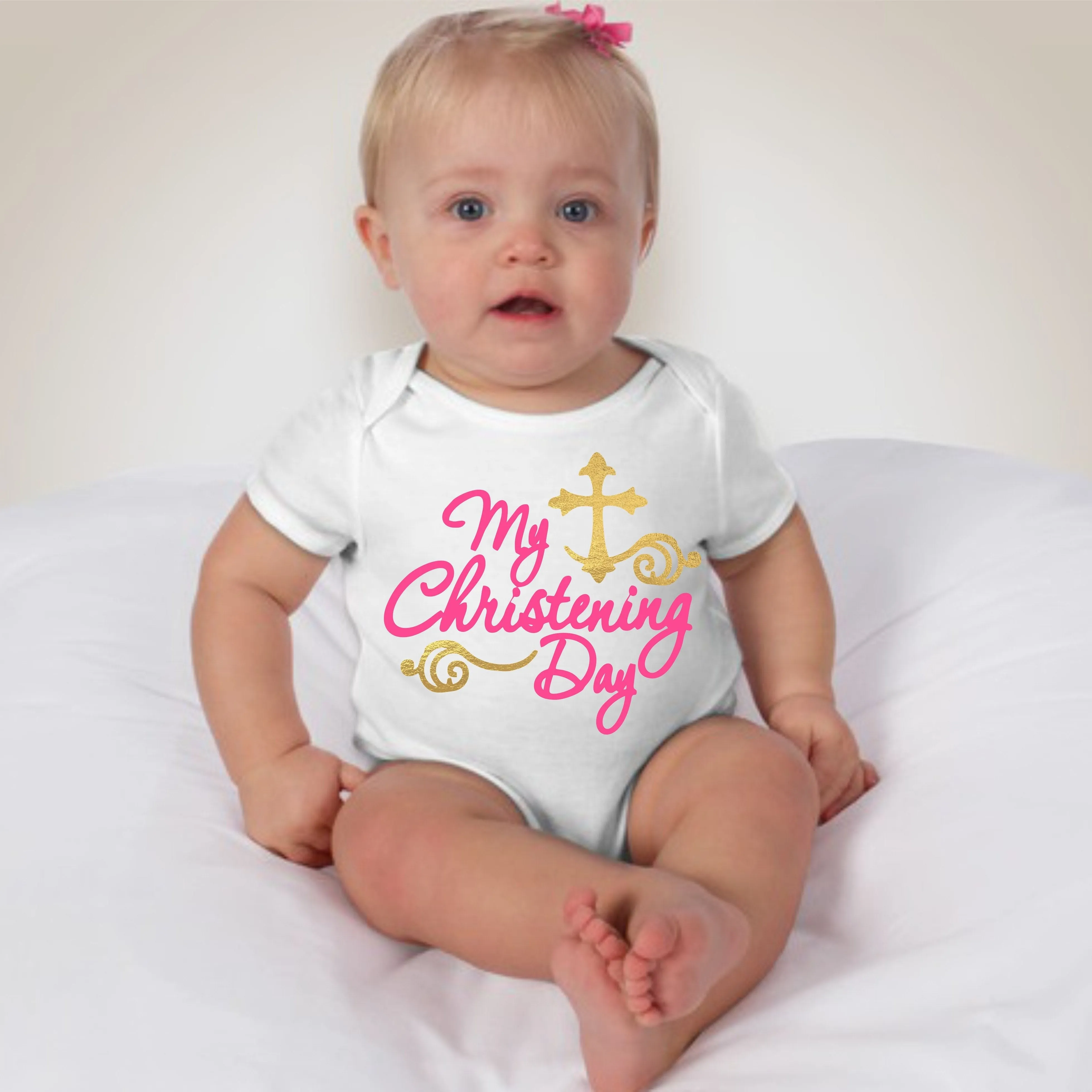 Baby Girl Christening Baptism Dedication Onesies - Pink Gold