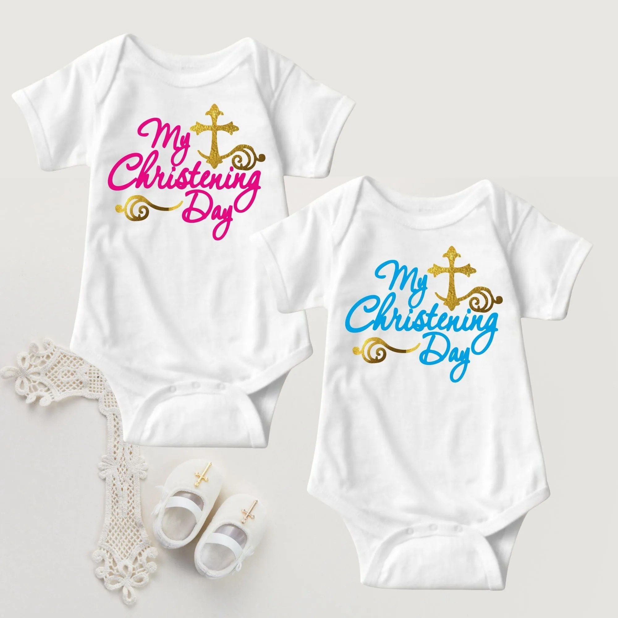 Baby Girl Christening Baptism Dedication Onesies - Pink Gold