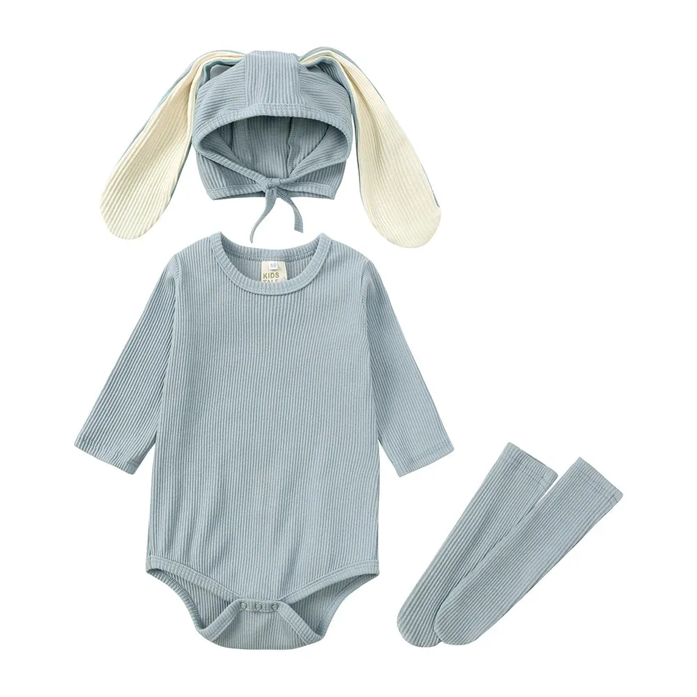 Baby Rabbit Easter Romper Ear Hat Bodysuit Socks Solid Cotton