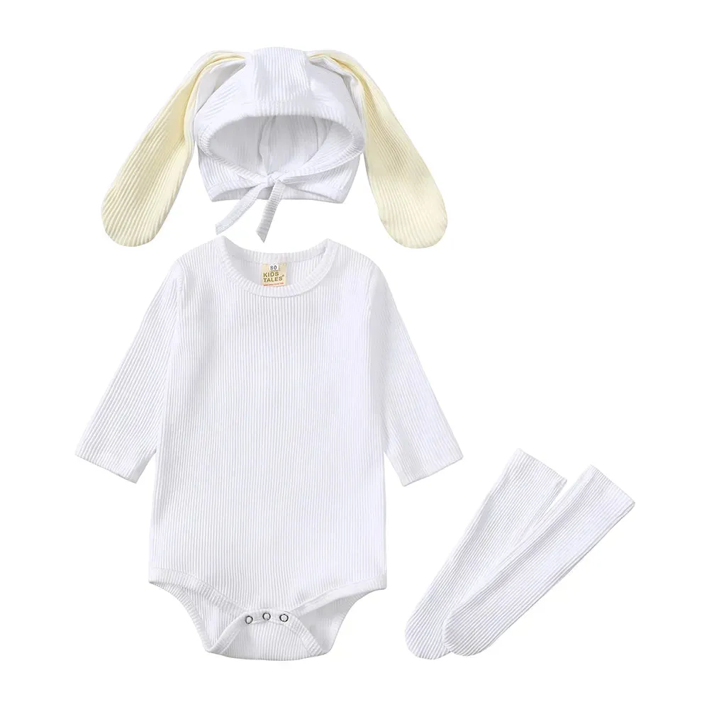 Baby Rabbit Easter Romper Ear Hat Bodysuit Socks Solid Cotton