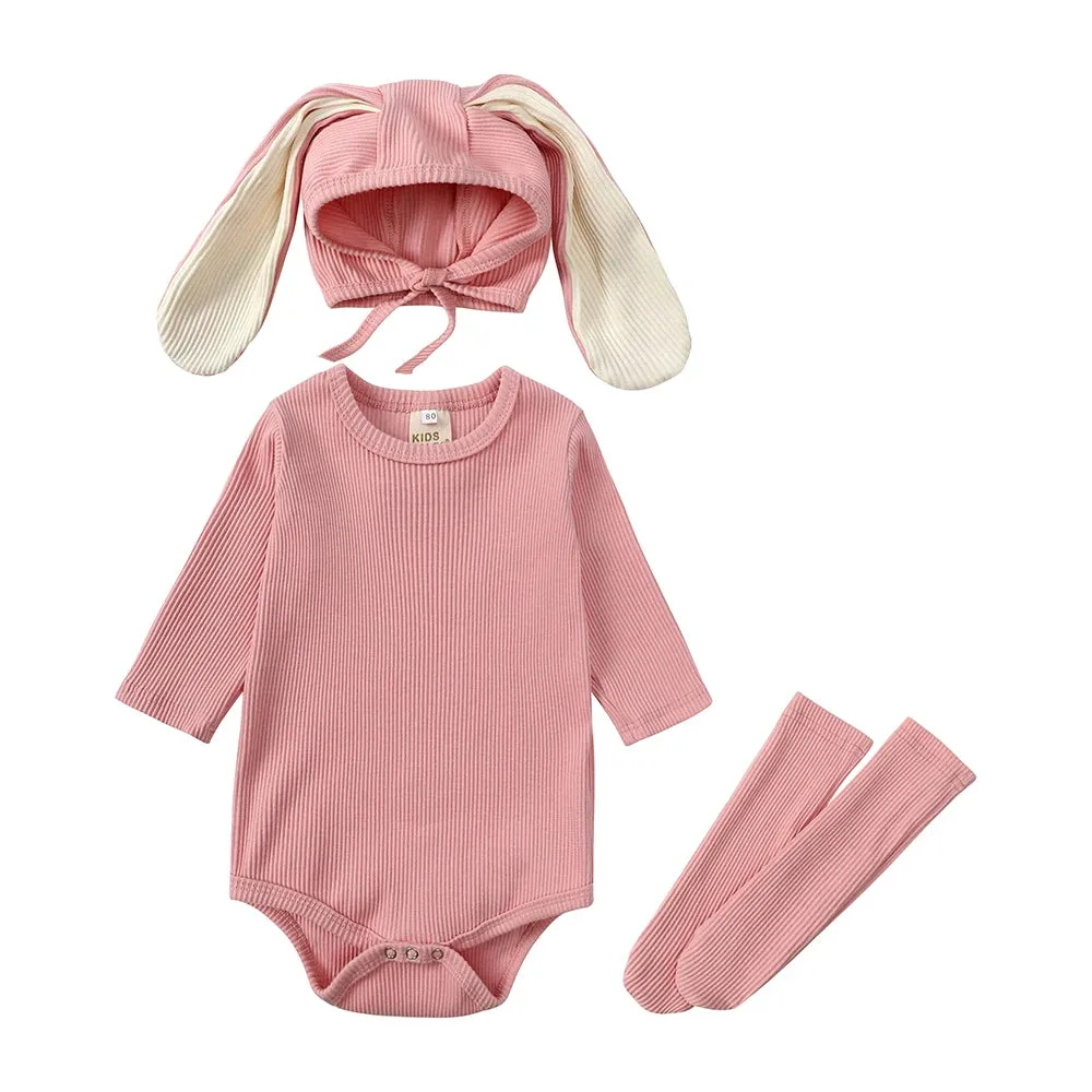 Baby Rabbit Easter Romper Ear Hat Bodysuit Socks Solid Cotton