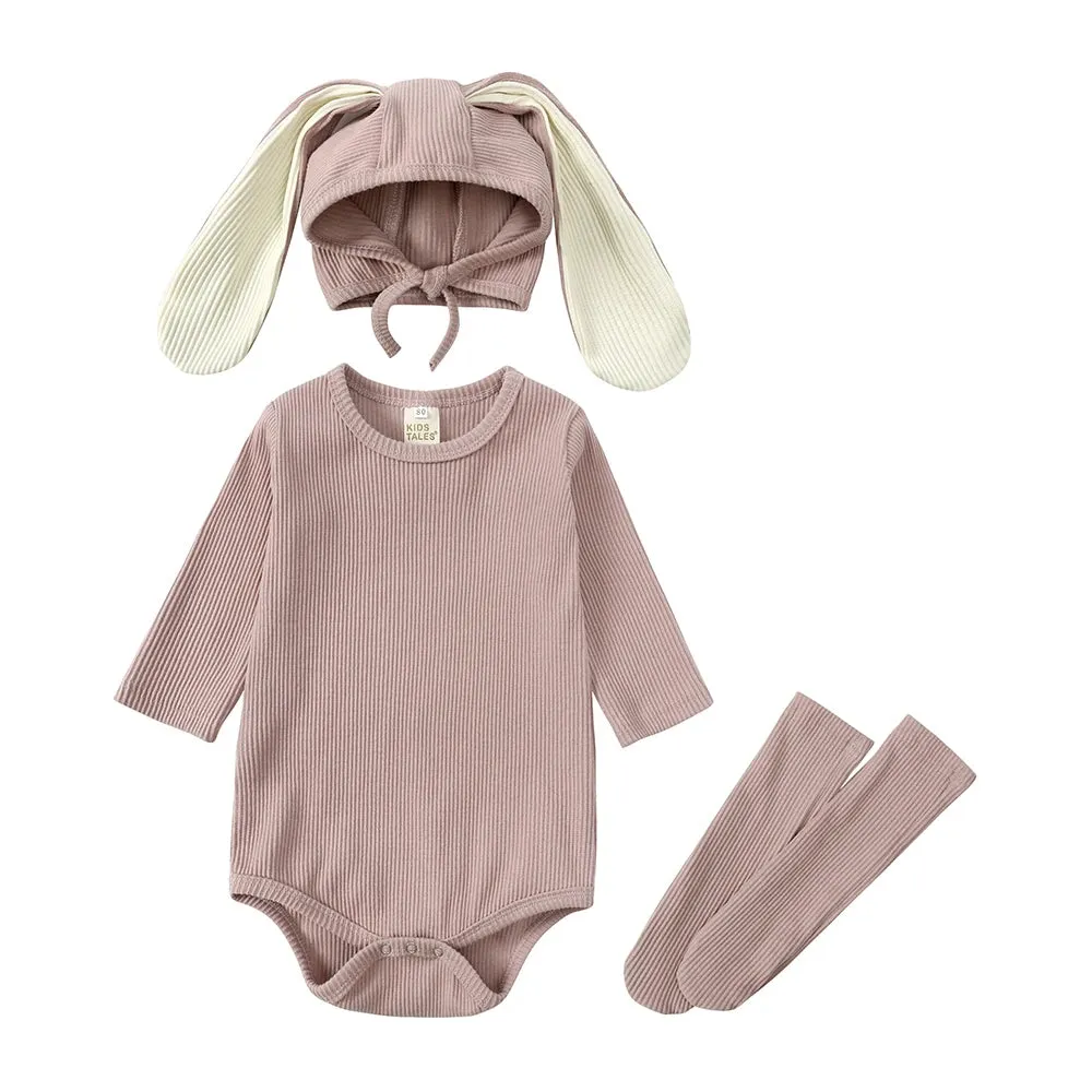 Baby Rabbit Easter Romper Ear Hat Bodysuit Socks Solid Cotton