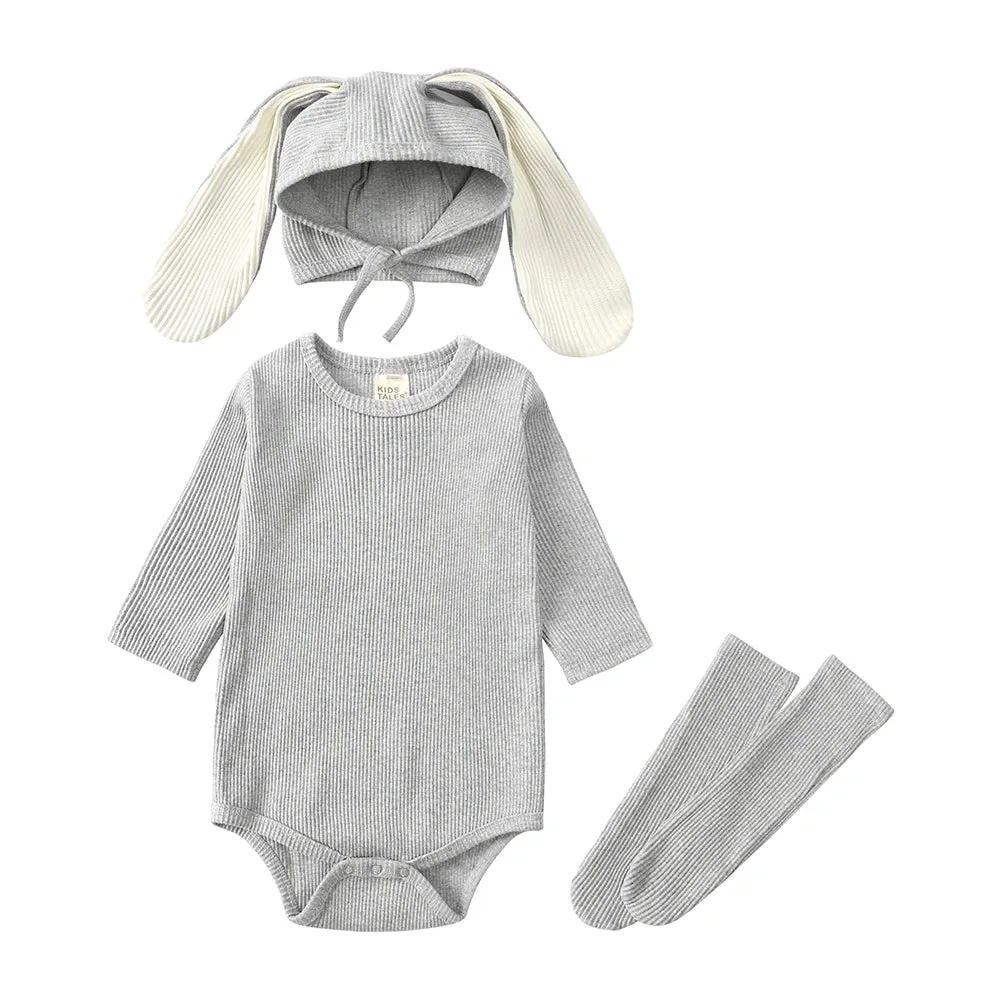 Baby Rabbit Easter Romper Ear Hat Bodysuit Socks Solid Cotton