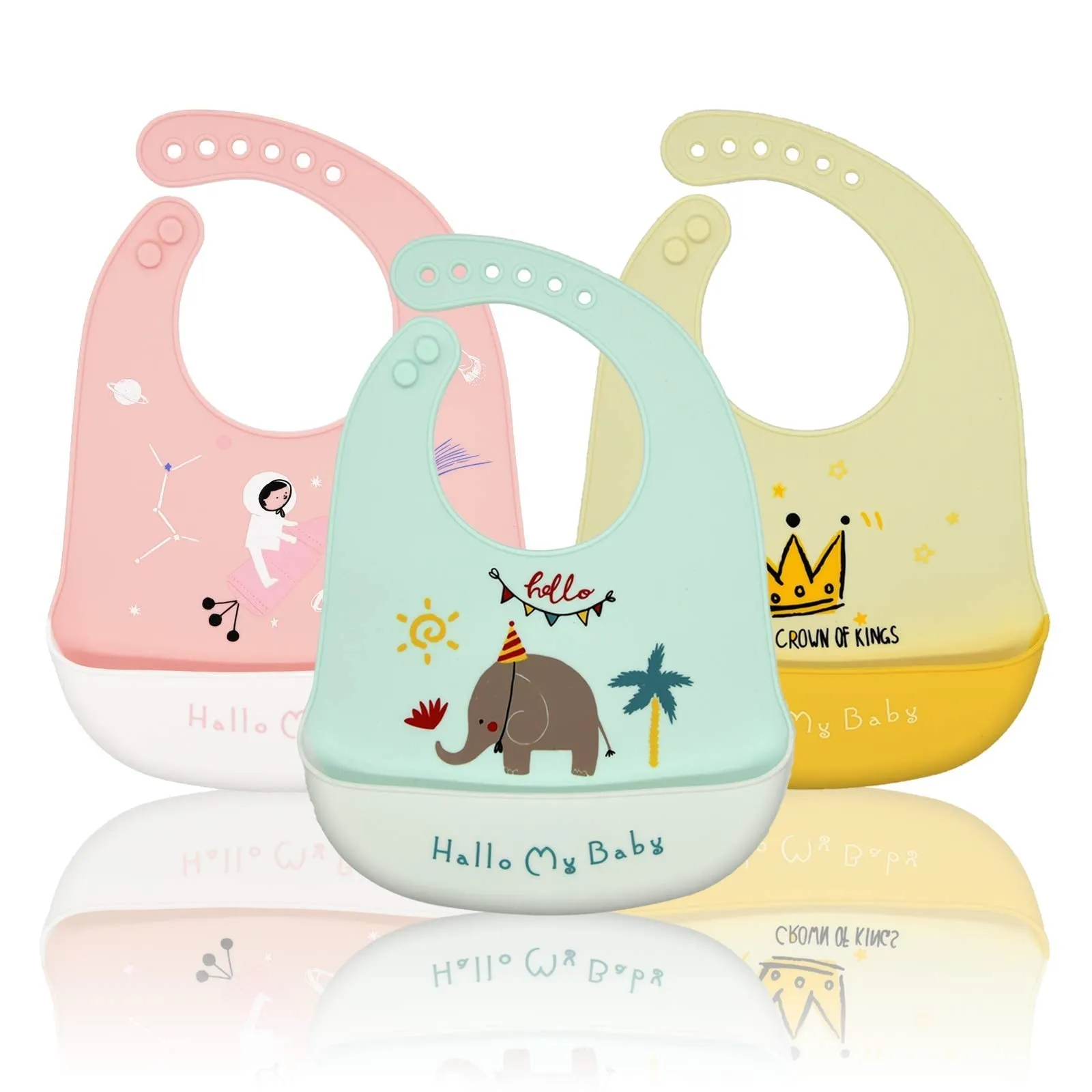 Baogaier Bibs Silicone Baby, 3 PCS Waterproof Weaning Bib for Babies Toddlers with Food Catcher Pocket, Soft Roll Up Easy Wipes Clean Plastic Feeding Bibs for Newborn Girl, Pink Blue Yellow Elephant, Crown, Outer Space