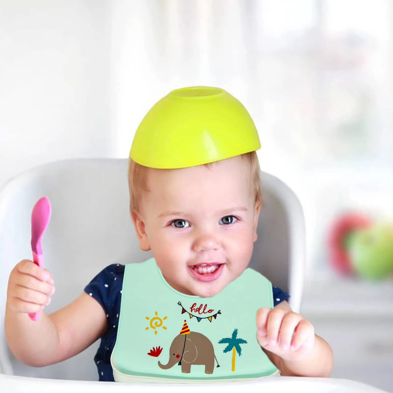 Baogaier Bibs Silicone Baby, 3 PCS Waterproof Weaning Bib for Babies Toddlers with Food Catcher Pocket, Soft Roll Up Easy Wipes Clean Plastic Feeding Bibs for Newborn Girl, Pink Blue Yellow Elephant, Crown, Outer Space
