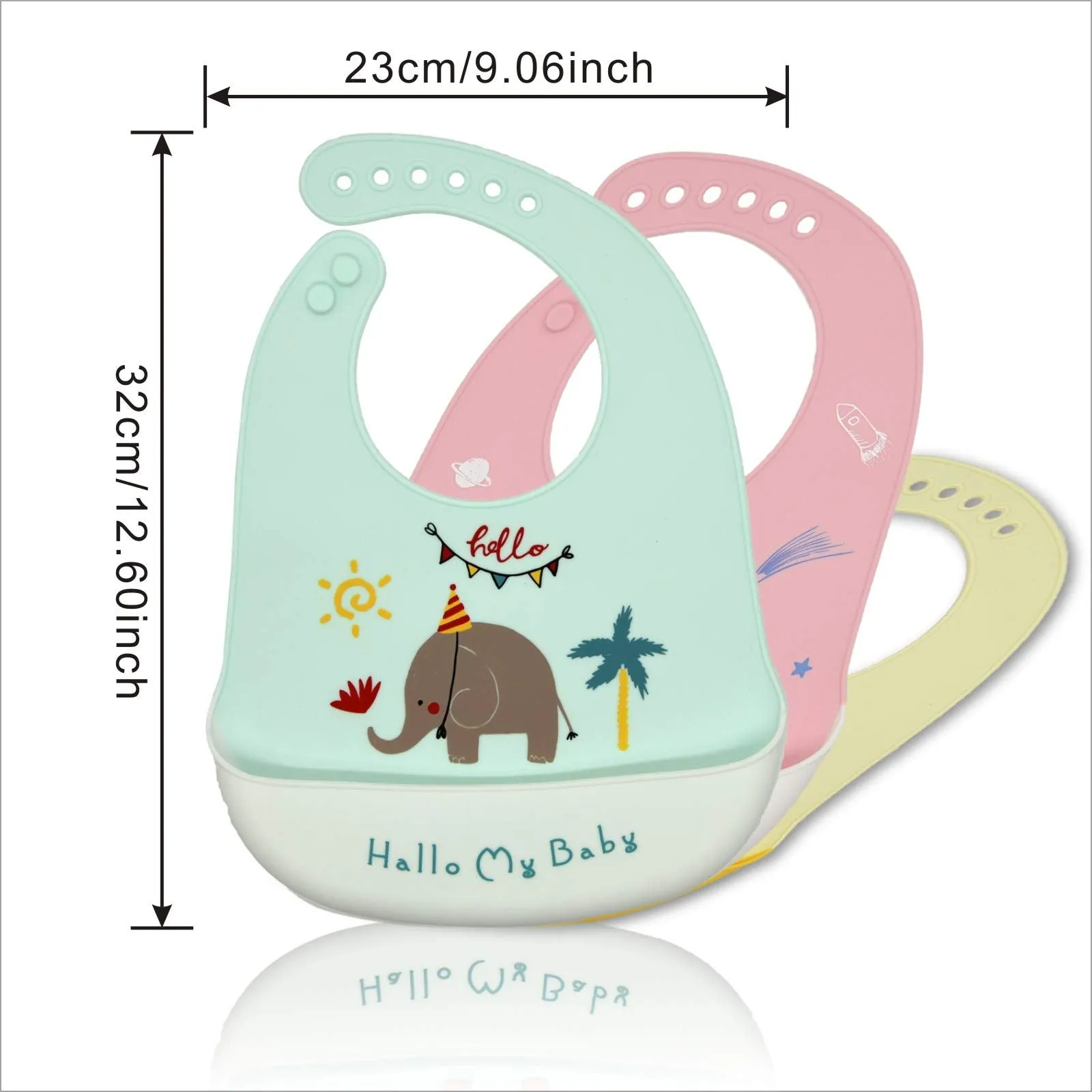 Baogaier Bibs Silicone Baby, 3 PCS Waterproof Weaning Bib for Babies Toddlers with Food Catcher Pocket, Soft Roll Up Easy Wipes Clean Plastic Feeding Bibs for Newborn Girl, Pink Blue Yellow Elephant, Crown, Outer Space