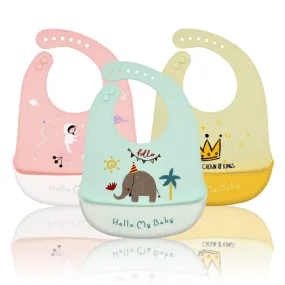 Baogaier Bibs Silicone Baby, 3 PCS Waterproof Weaning Bib for Babies Toddlers with Food Catcher Pocket, Soft Roll Up Easy Wipes Clean Plastic Feeding Bibs for Newborn Girl, Pink Blue Yellow Elephant, Crown, Outer Space