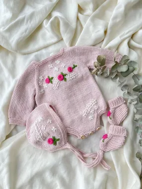 Beautiful Dusty Pink Hand Knitted 3 piece set with floral details.