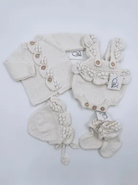 Beautiful Ivory Hand Knitted 4 piece set.Set Include Cardigan,Romper,Baby Booties and baby Bonnet.