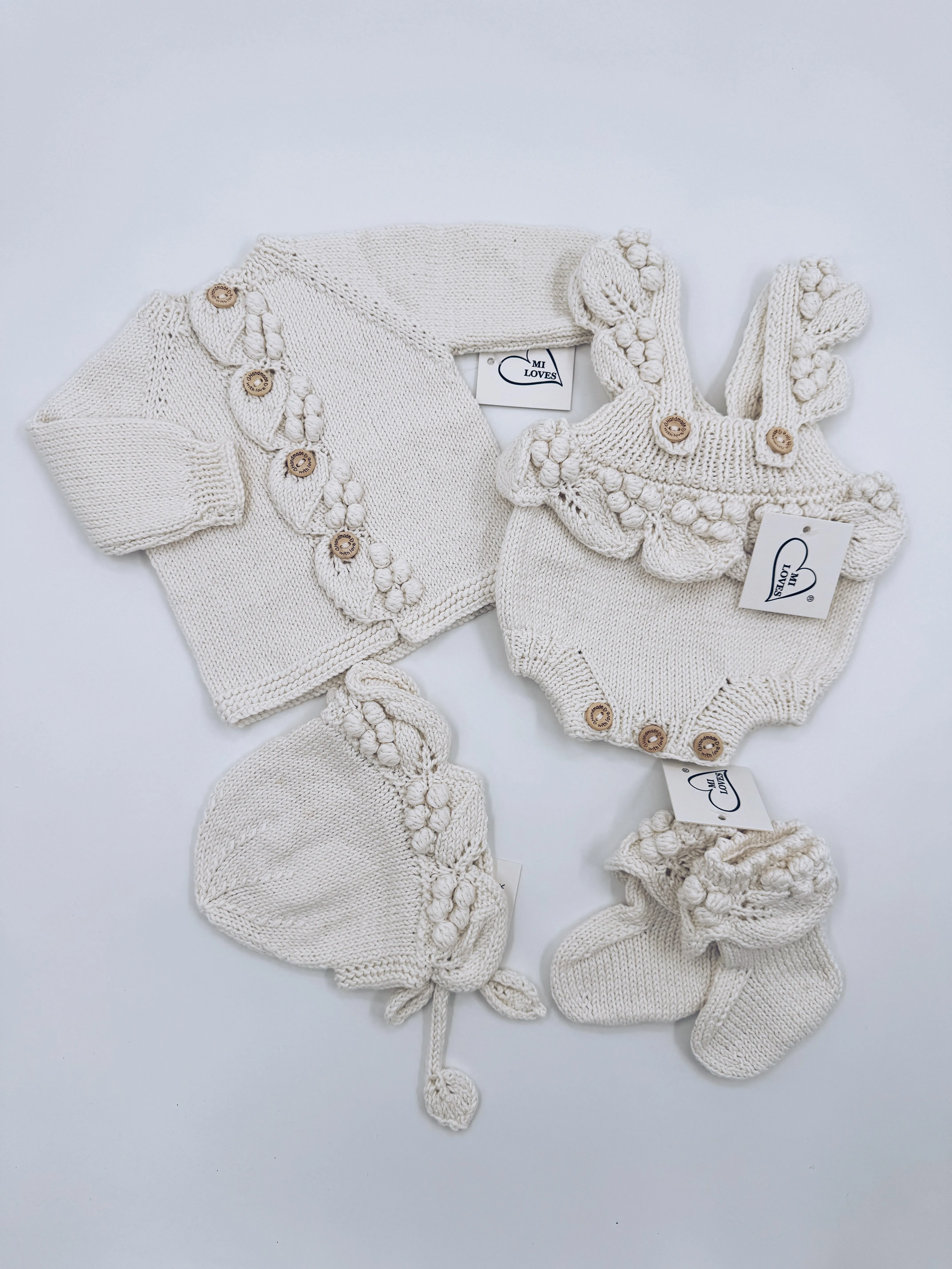 Beautiful Ivory Hand Knitted 4 piece set.Set Include Cardigan,Romper,Baby Booties and baby Bonnet.