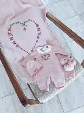 Beautiful Knitted Merino Wool Baby Girl Blanket with hand embroidery flower details.