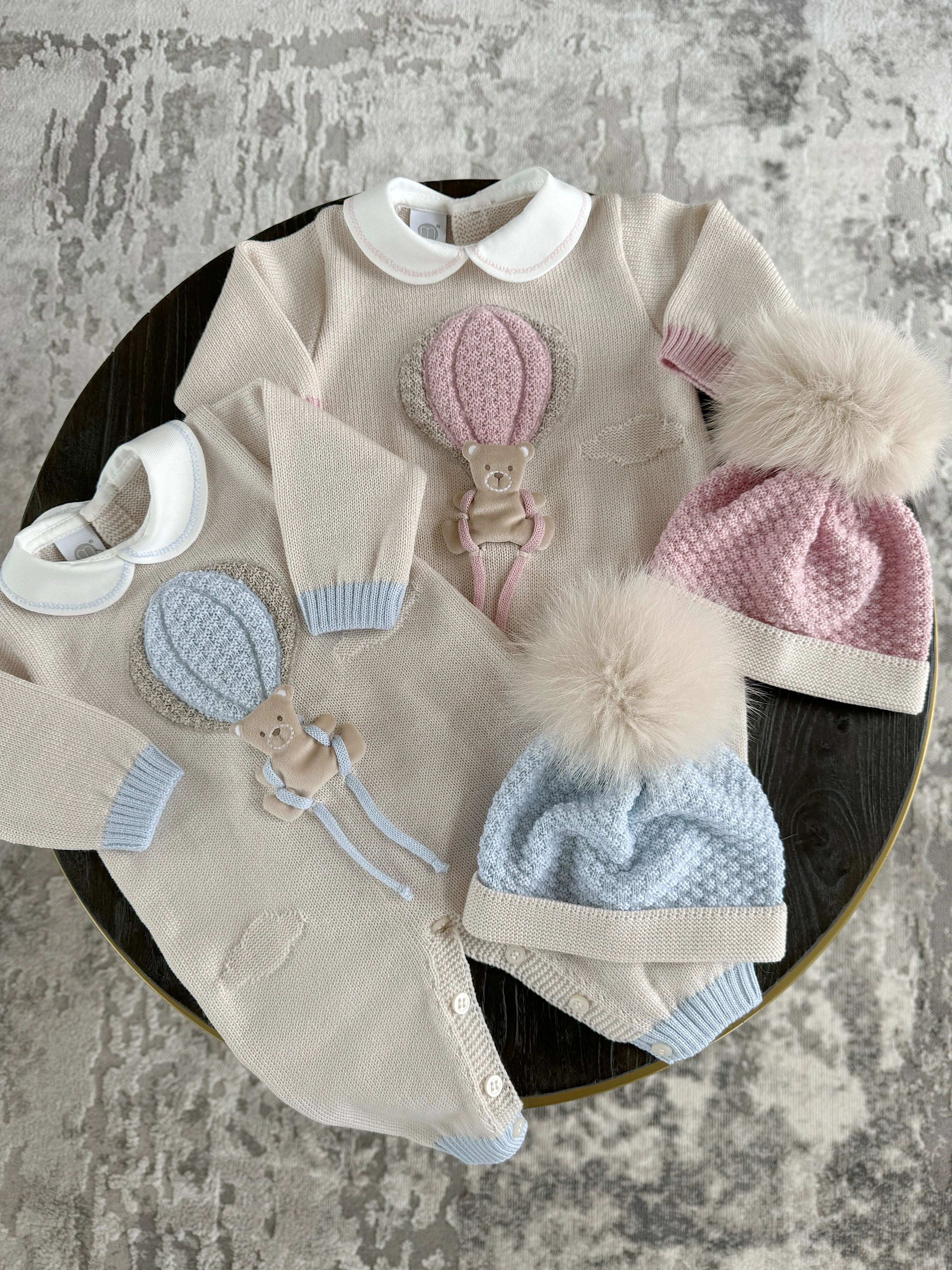 Beautiful knitted Merino Wool Cream/Blue Baby Romper with Bear/Air Ballon details.