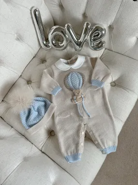 Beautiful knitted Merino Wool Cream/Blue Baby Romper with Bear/Air Ballon details.