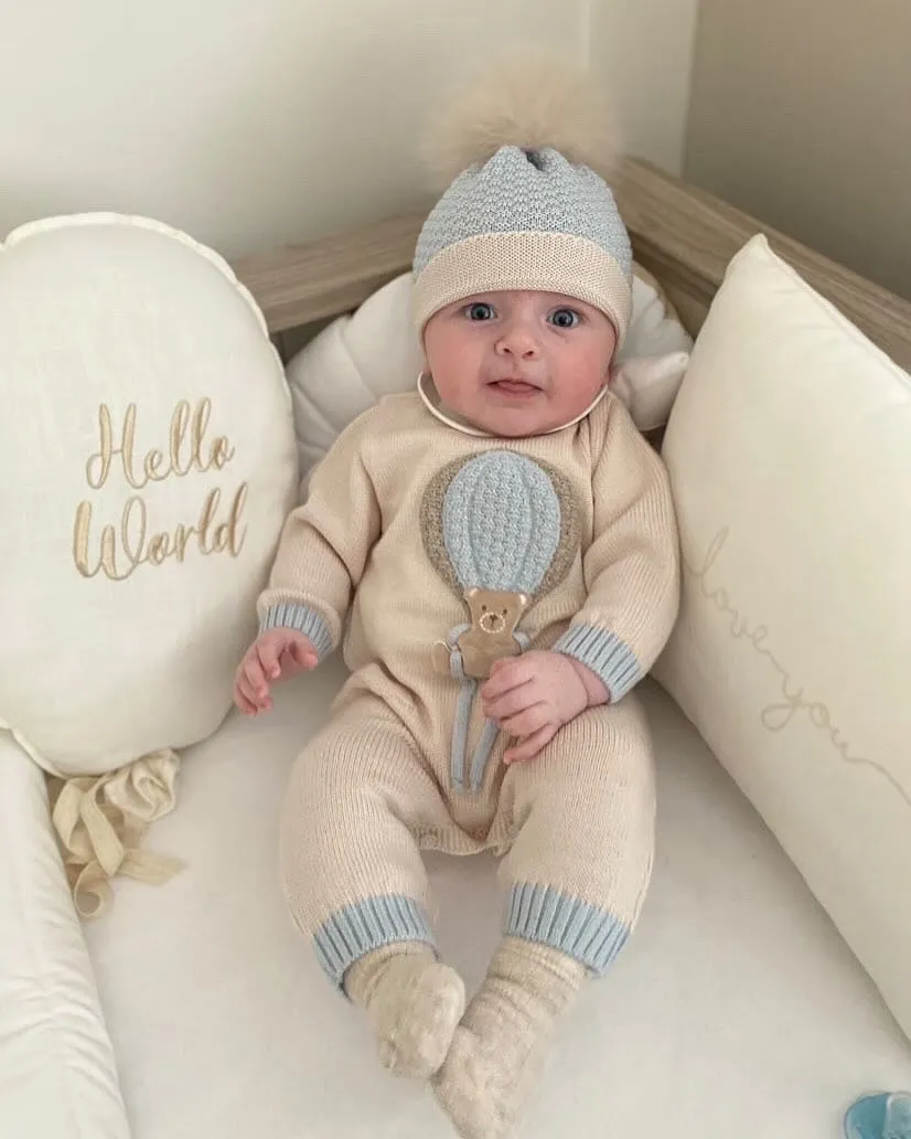 Beautiful knitted Merino Wool Cream/Blue Baby Romper with Bear/Air Ballon details.