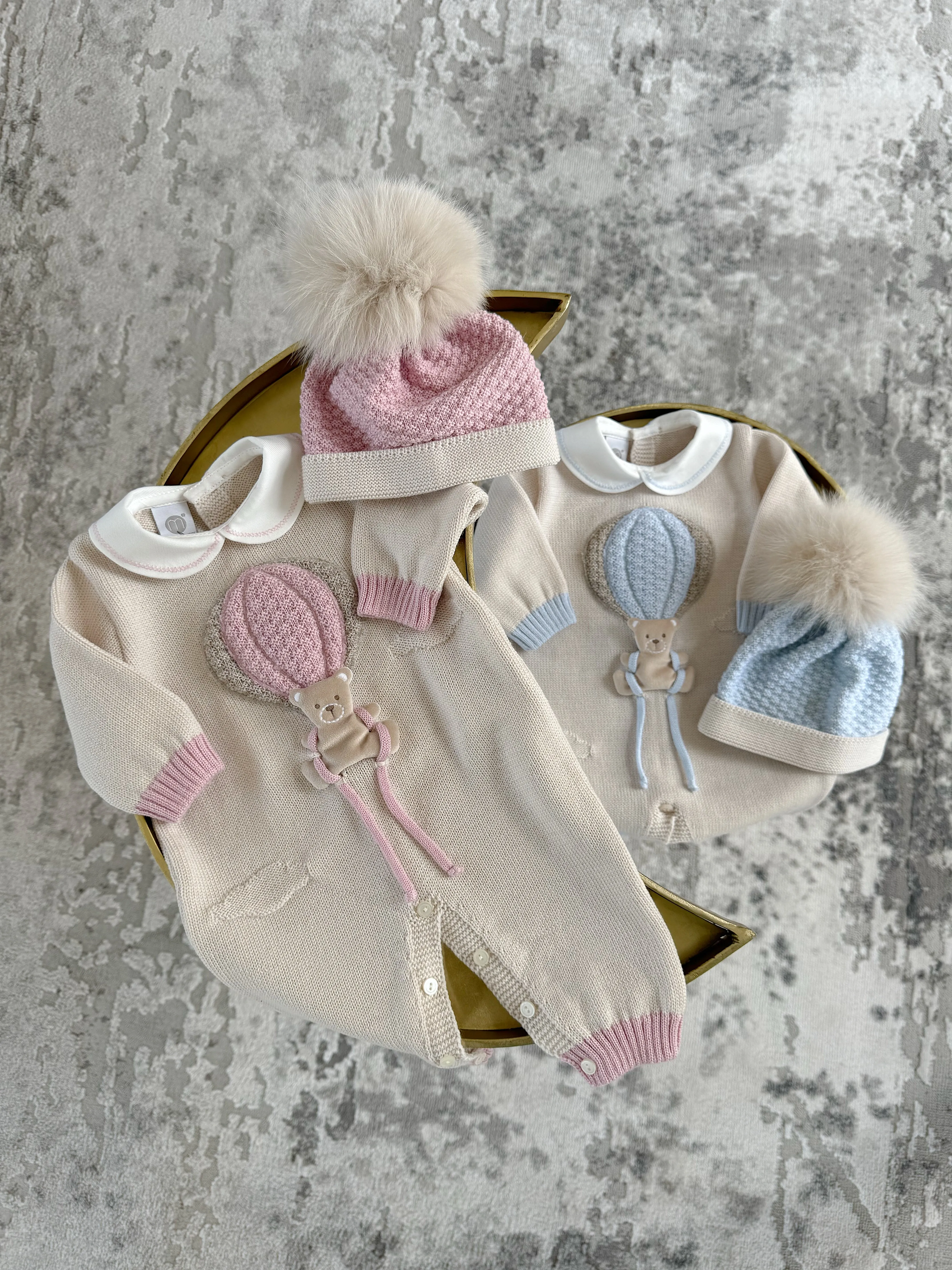 Beautiful knitted Merino Wool Cream/Blue Baby Romper with Bear/Air Ballon details.