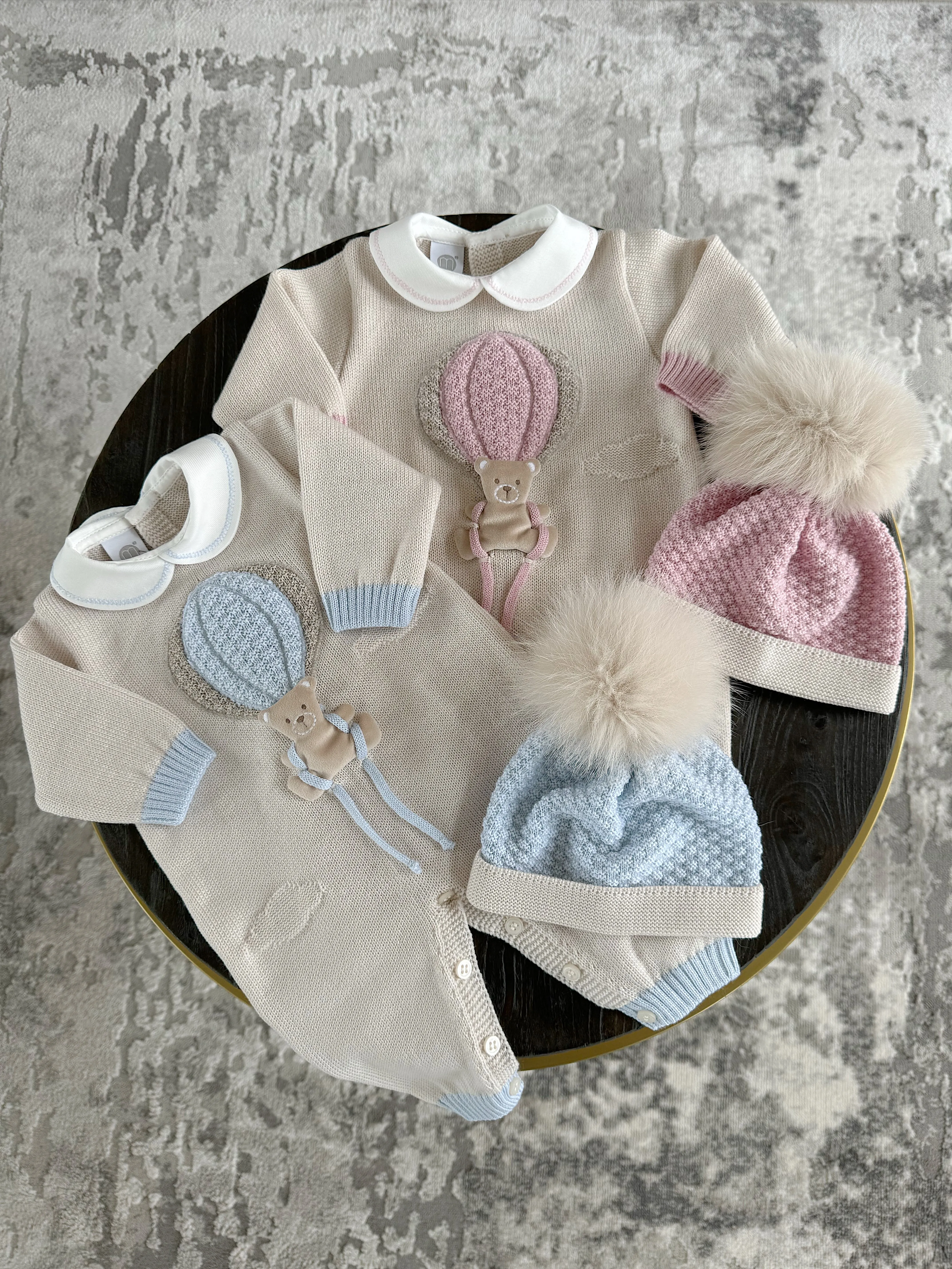 Beautiful knitted Merino Wool Cream/Blue Baby Romper with Bear/Air Ballon details.