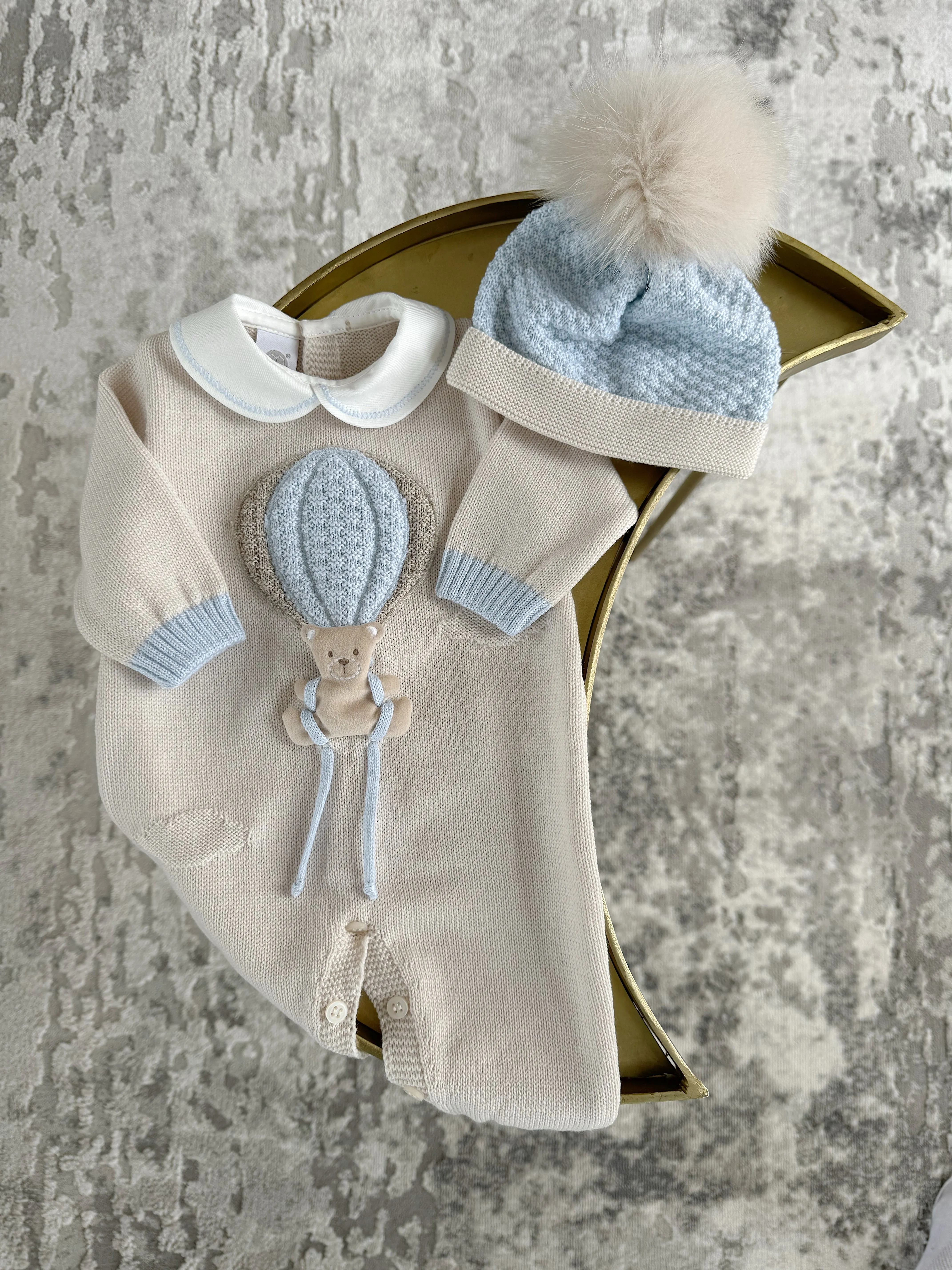 Beautiful knitted Merino Wool Cream/Blue Baby Romper with Bear/Air Ballon details.