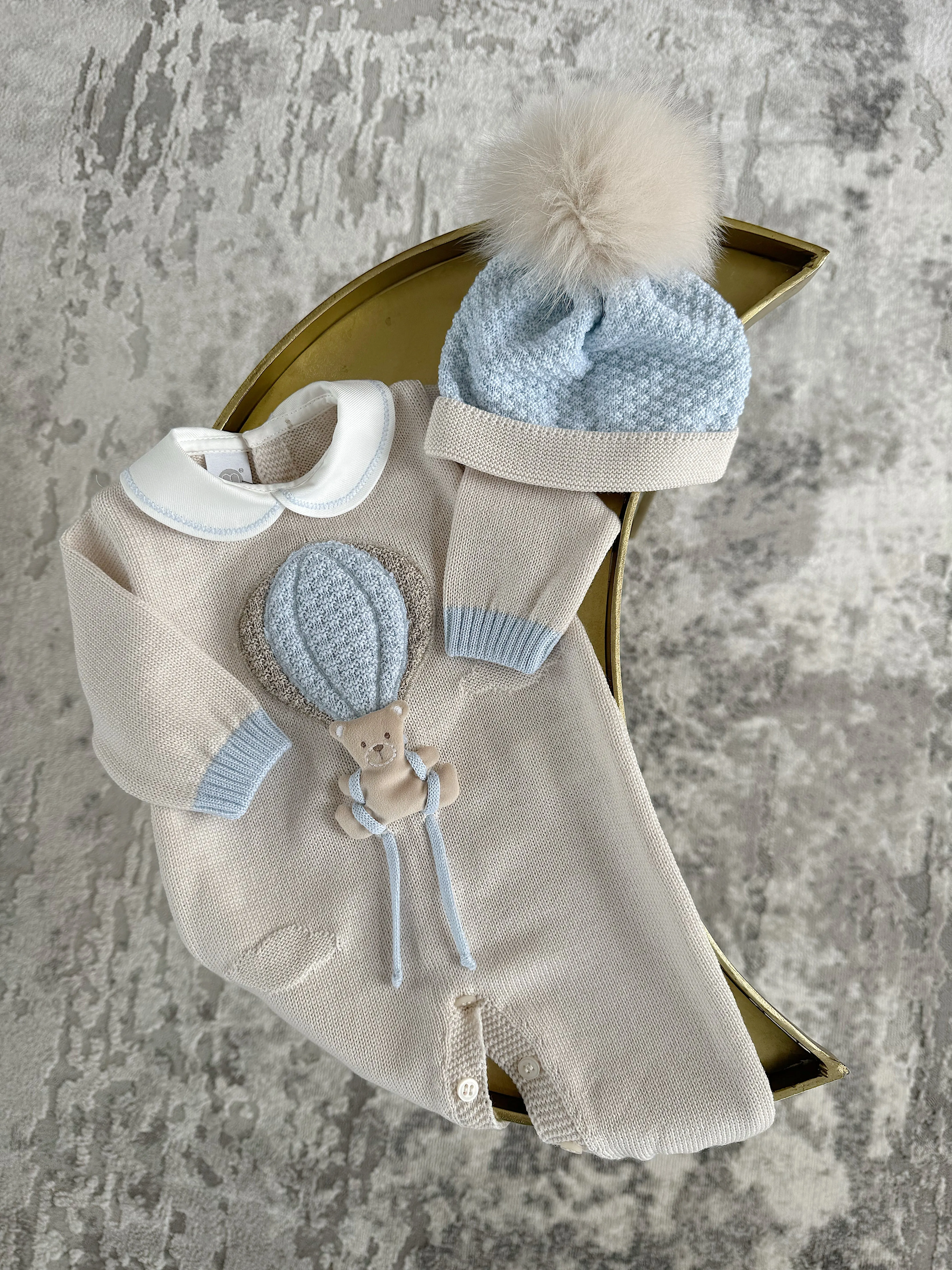Beautiful knitted Merino Wool Cream/Blue Baby Romper with Bear/Air Ballon details.