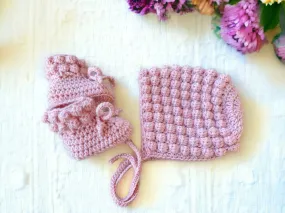 Bobble Bonnet & Booties, Pink crochet booties and bonnet