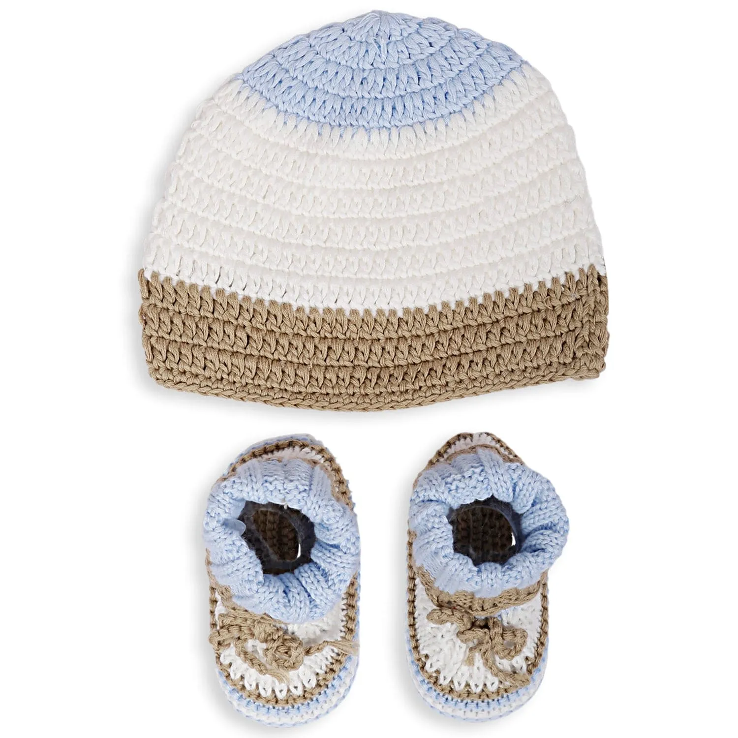 Cap And Booties Gift Set Soft Knitted Blue And White
