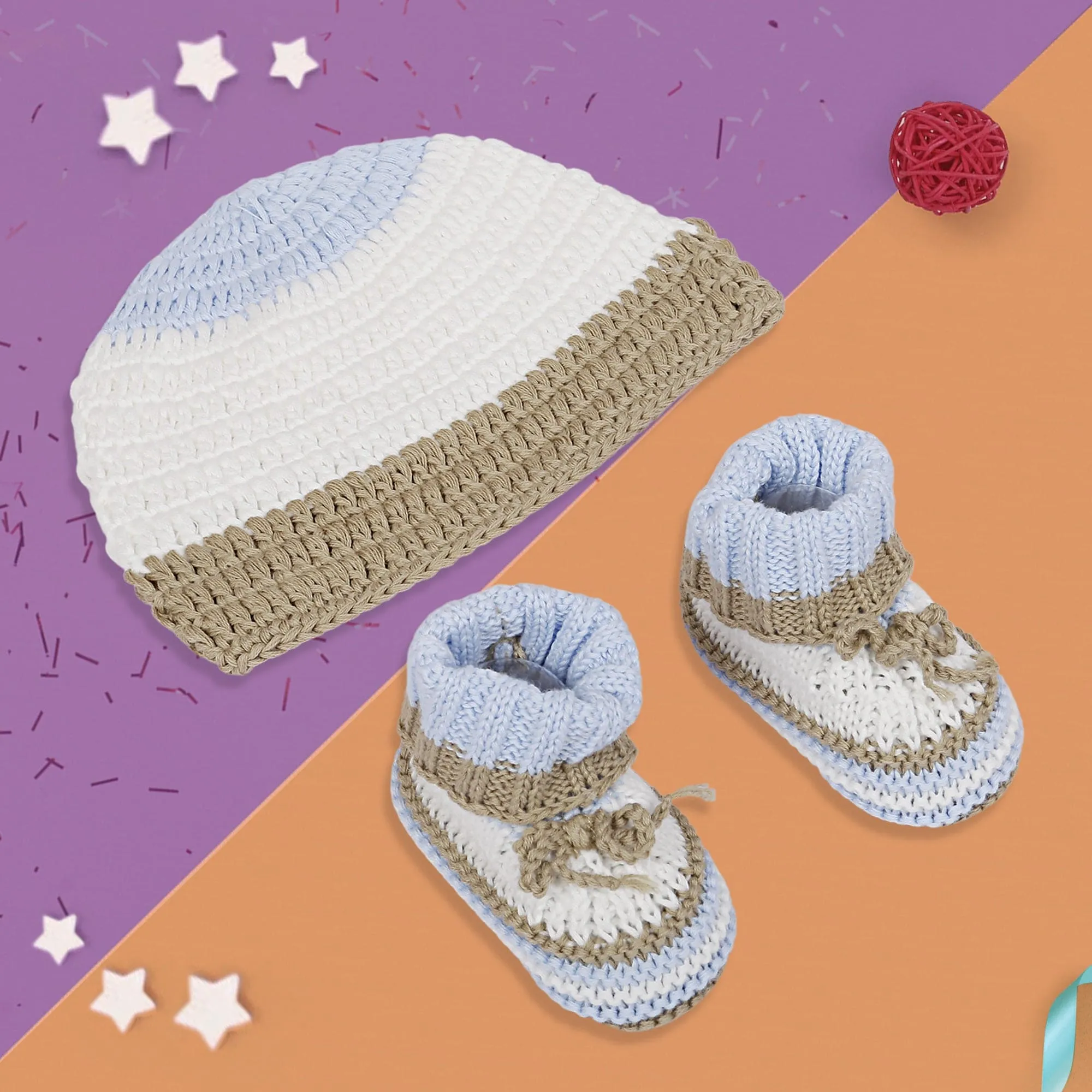 Cap And Booties Gift Set Soft Knitted Blue And White