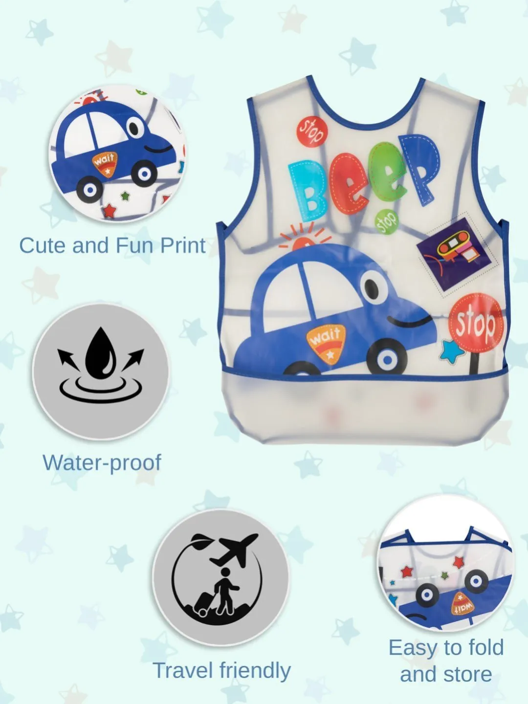 Car-Themed Waterproof Feeding Bib with Stop Sign and Traffic Icons