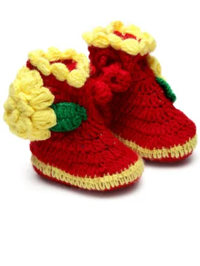Chutput Kids Woollen Hand Knitted Flower Decor Booties - Red