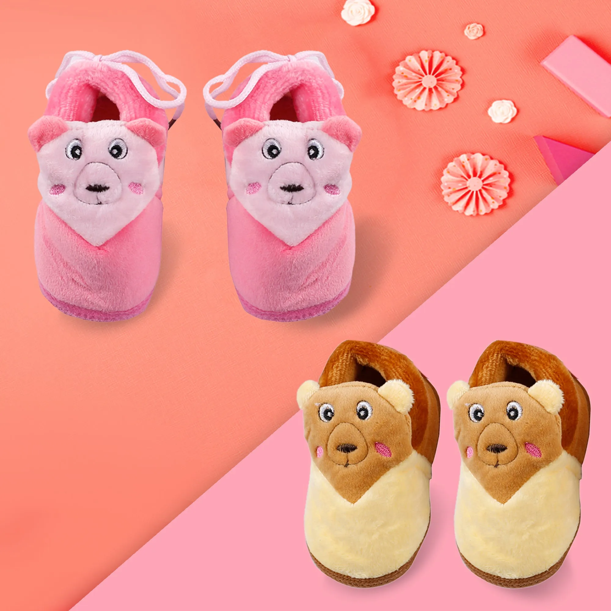 Cuddly Bear Pink And Yellow 2 Pk Booties