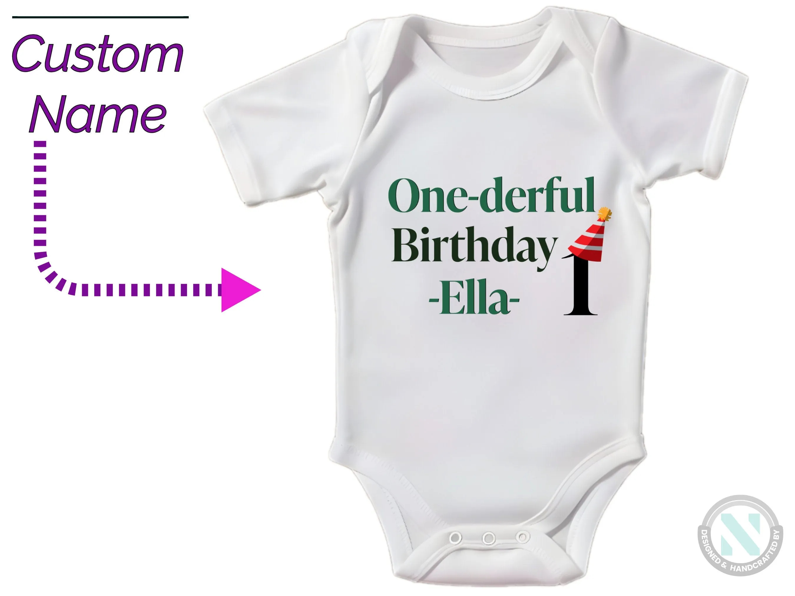 Customized Name Baby Girl Bodysuit with One-derful Birthday Text