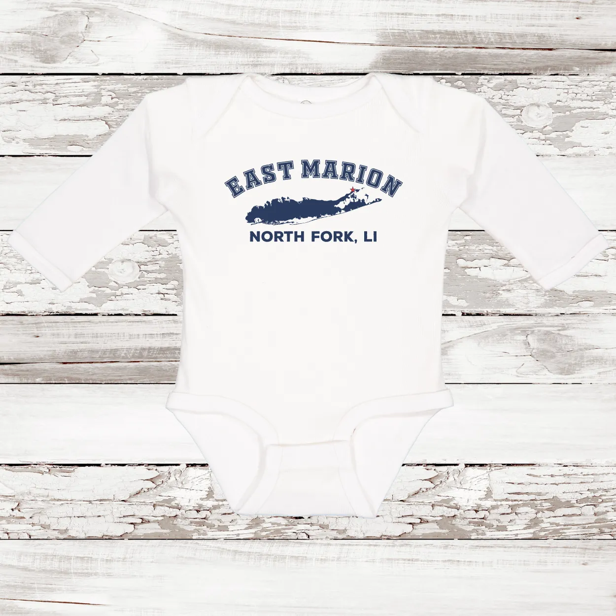 East Marion North Fork LI Long Sleeve Baby Onesie | Classic Colors