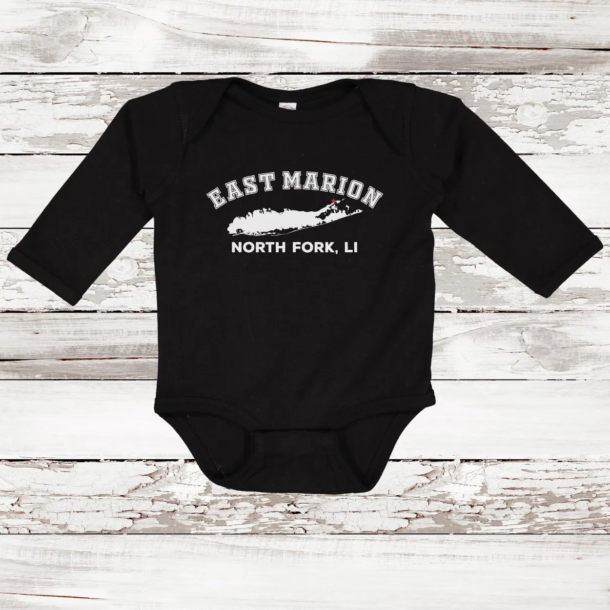 East Marion North Fork LI Long Sleeve Baby Onesie | Classic Colors