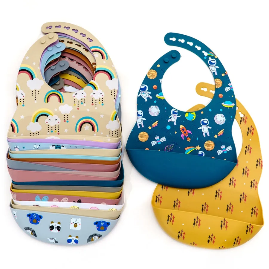 Fashionable Cartoon Printed Waterproof Soft Baby Silicone Bibs Newborn
