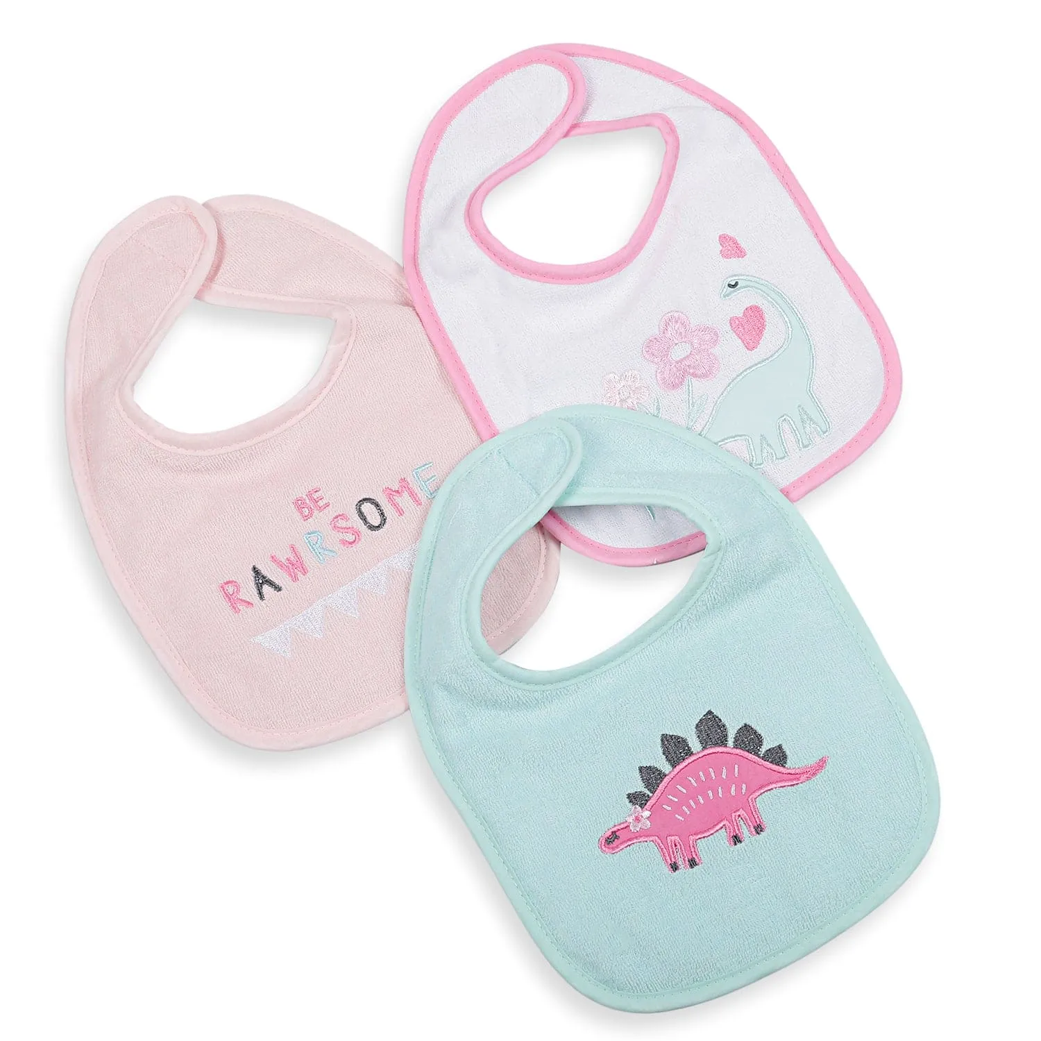 Feeding Bibs Pack Of 3 Rawrsome Dino Pink And Green