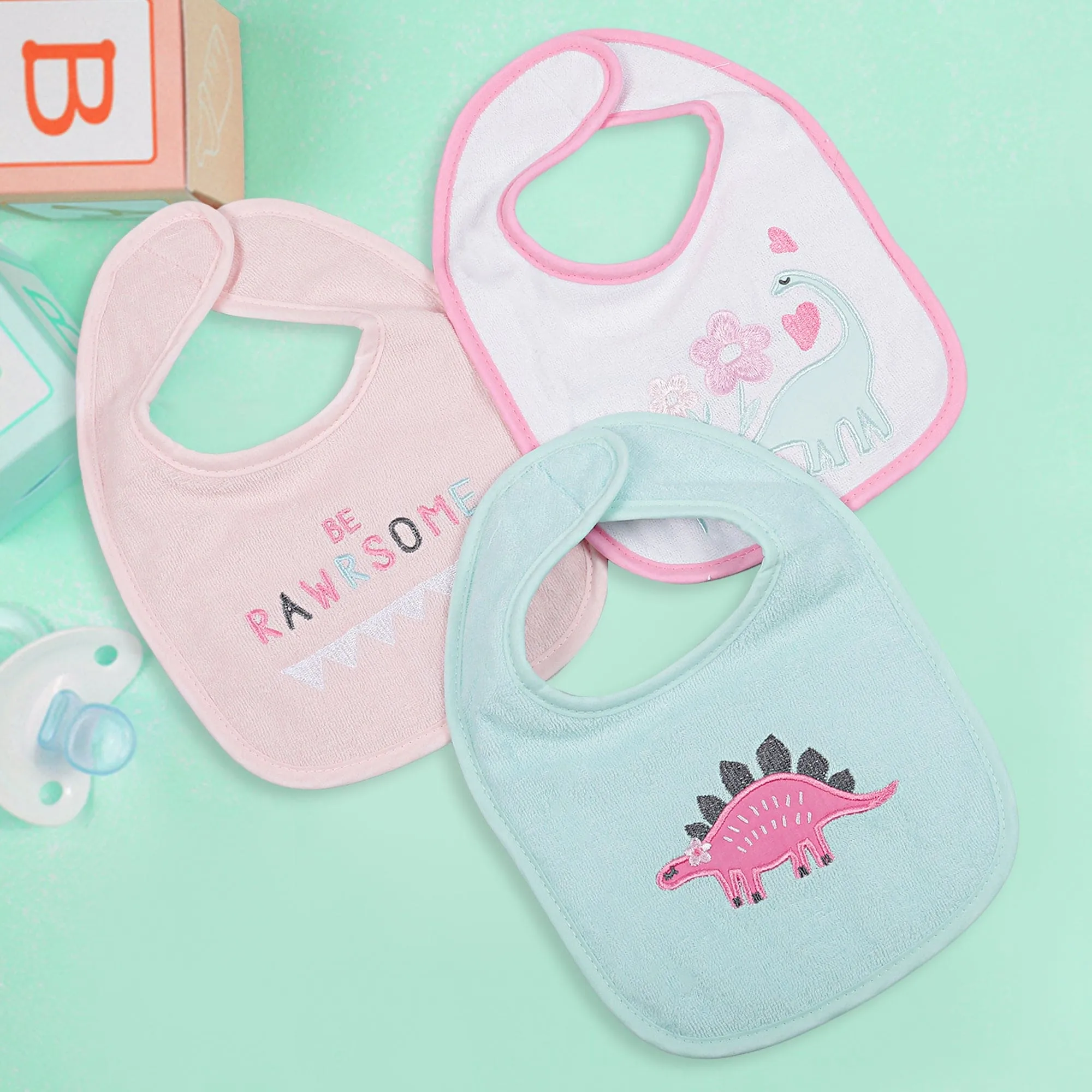 Feeding Bibs Pack Of 3 Rawrsome Dino Pink And Green