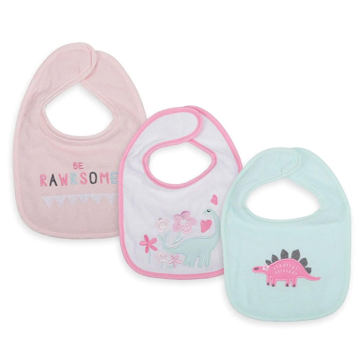 Feeding Bibs Pack Of 3 Rawrsome Dino Pink And Green