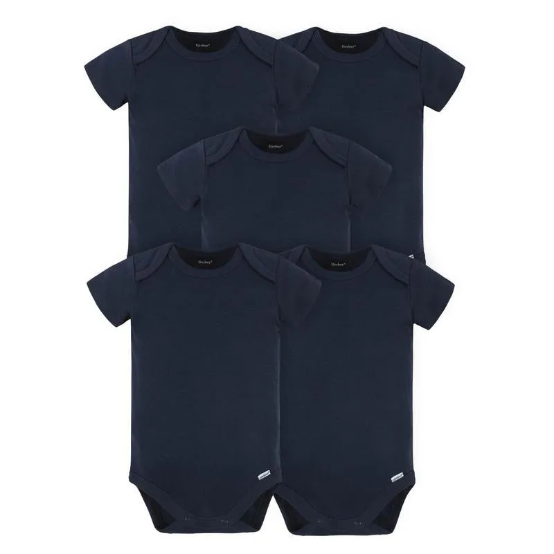 Gerber Baby Boys and Girls Onesies® Brand Short Sleeve Bodysuits, Navy, 5-Pack