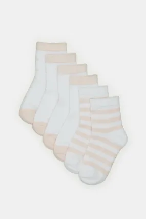 Infant Girls Beige And White Striped Ankle Length Socks (3 Pairs)