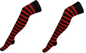 Ladies 2 Pair Pack of Black/Red Striped Over the Knee Socks