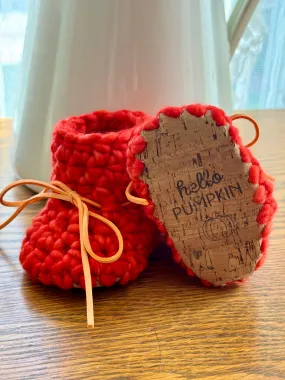Luxury newborn crochet merino booties fall baby shower gift new mom cute hello pumpkin bright orange