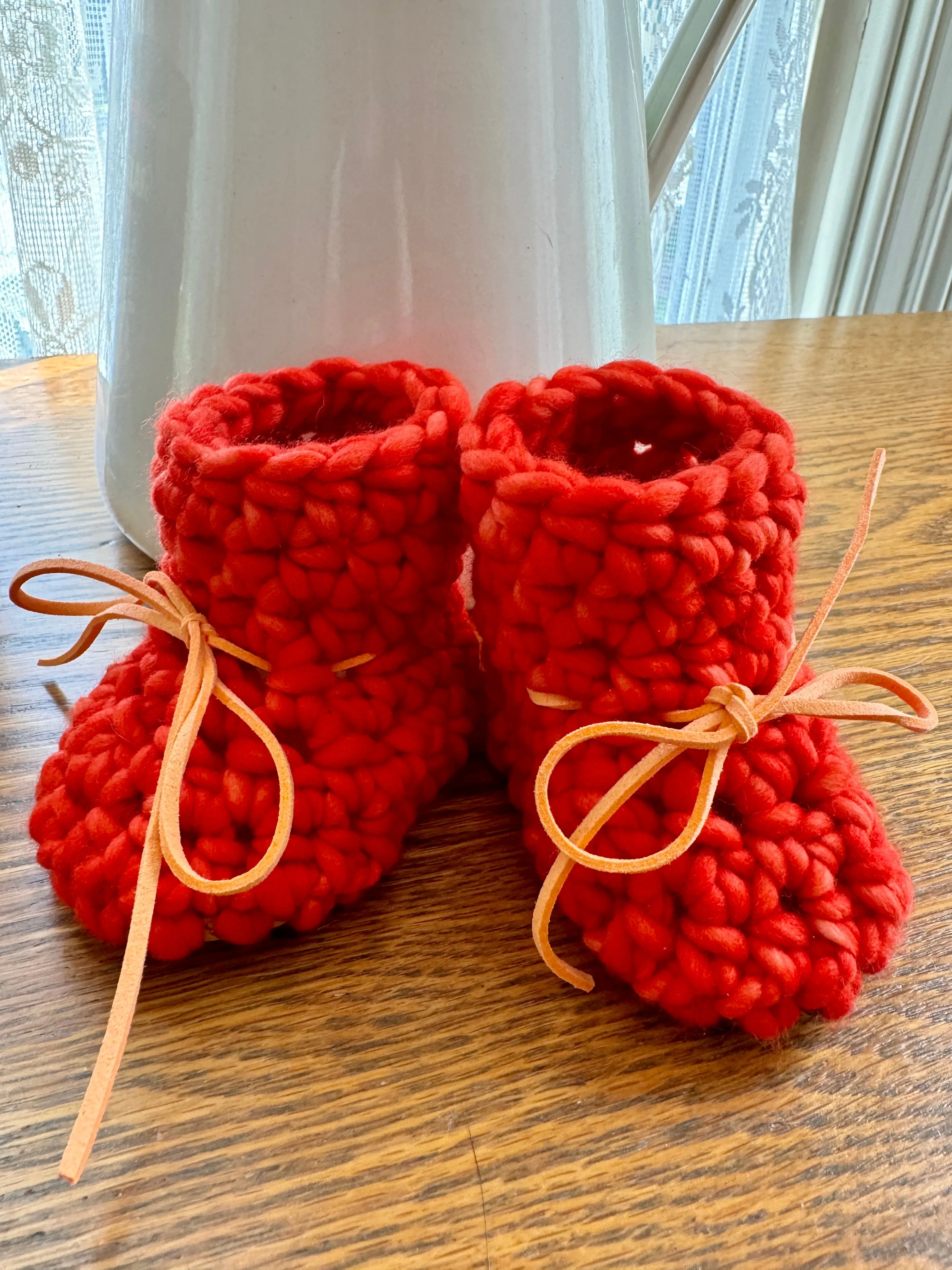 Luxury newborn crochet merino booties fall baby shower gift new mom cute hello pumpkin bright orange