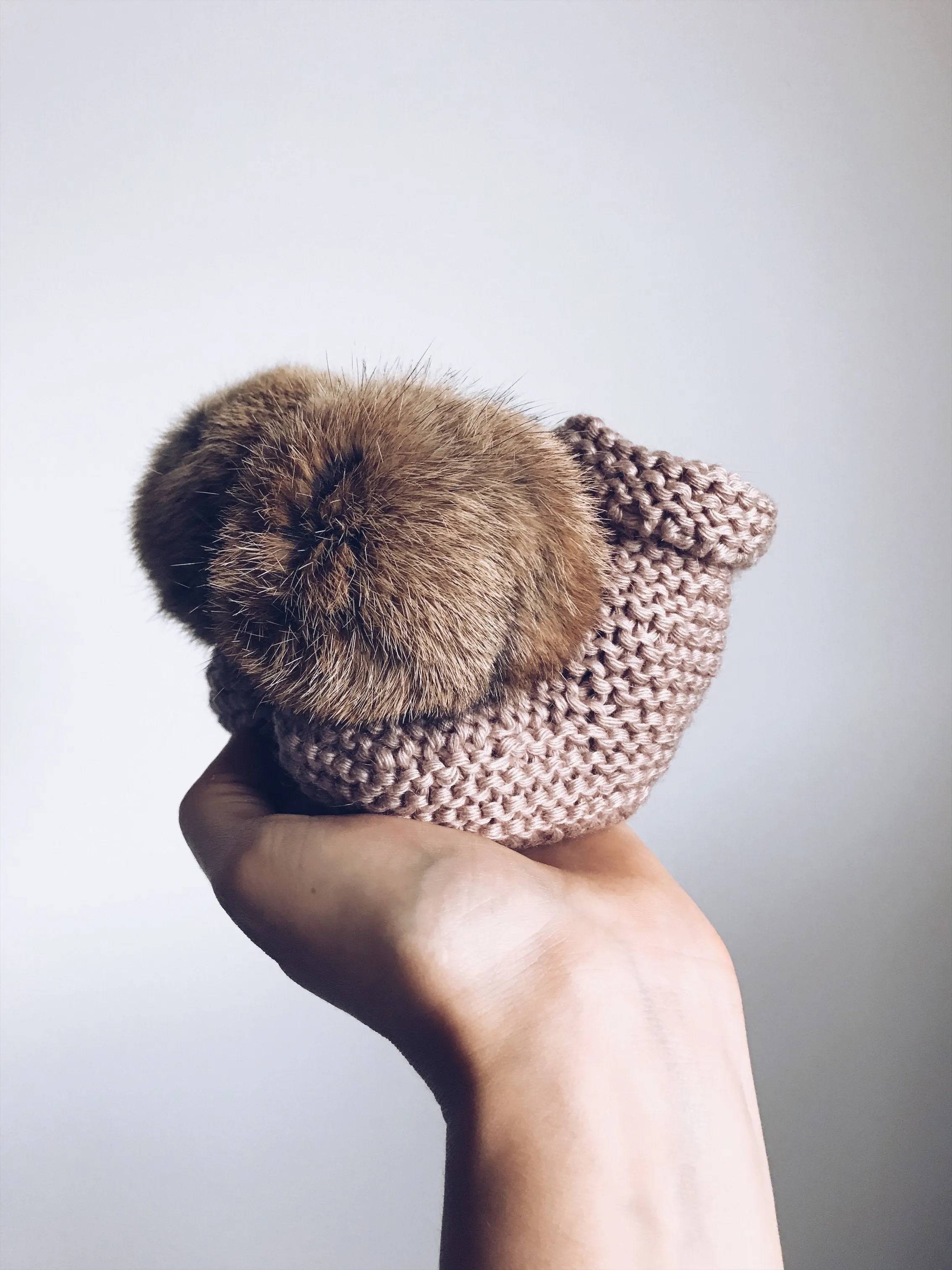 MILOVES Signature Hand Knitted baby booties with rabbit fur pompom