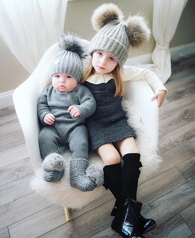 MILOVES Signature Hand Knitted baby booties with rabbit fur pompom