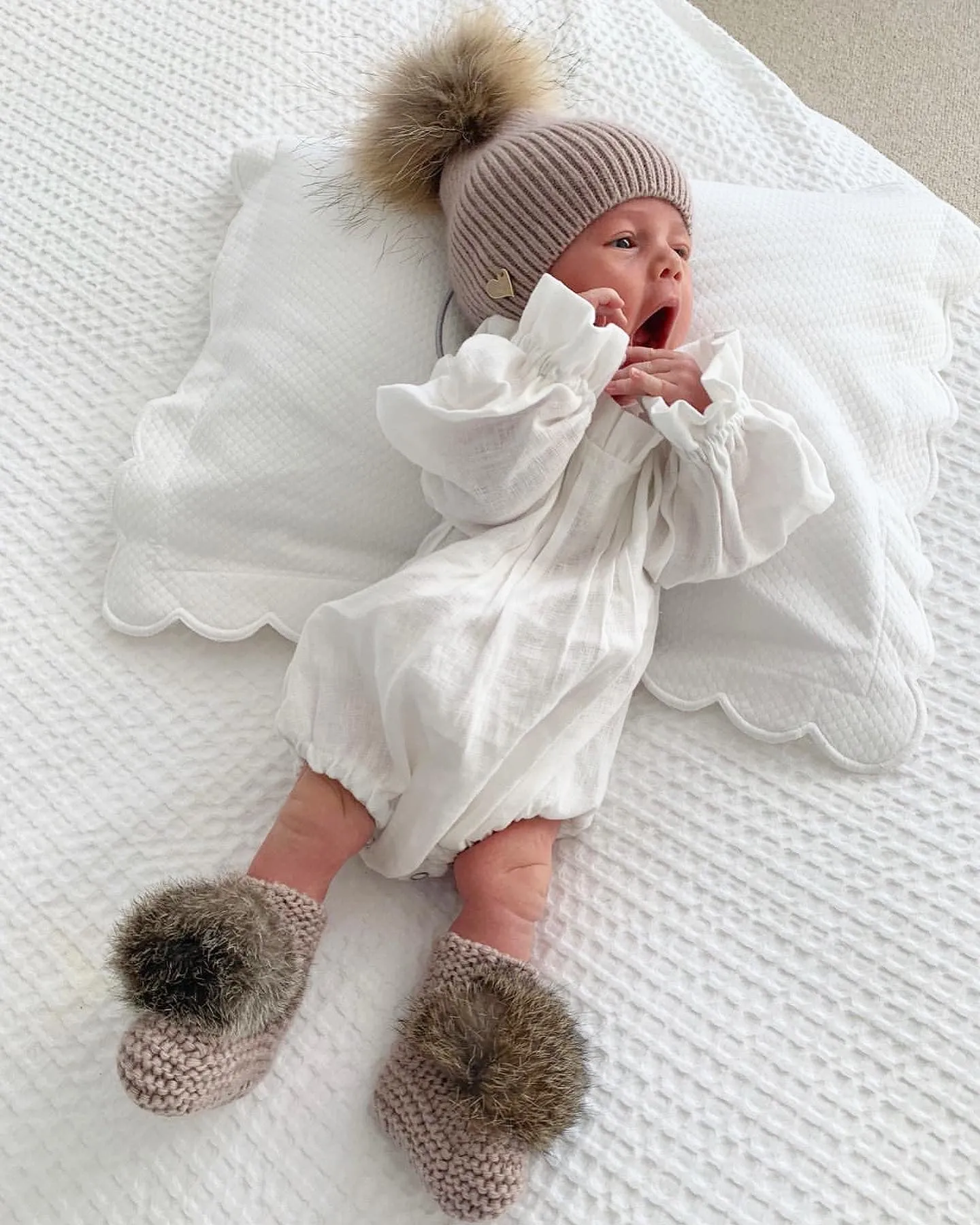 MILOVES Signature Hand Knitted baby booties with rabbit fur pompom