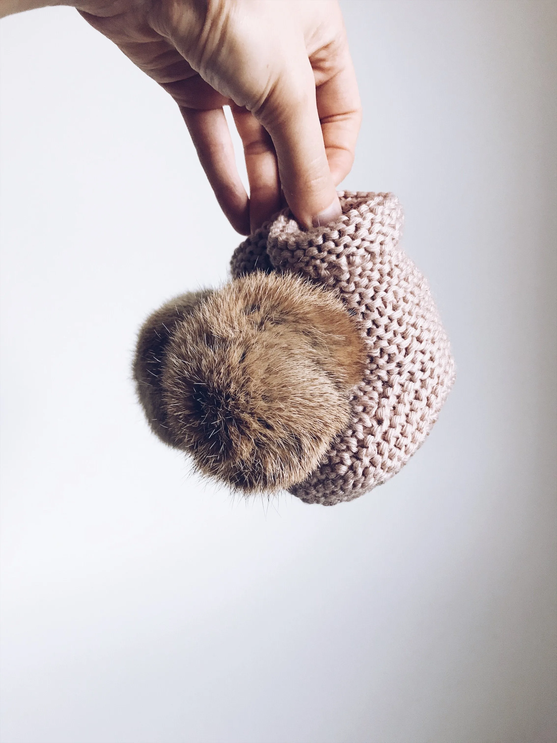 MILOVES Signature Hand Knitted baby booties with rabbit fur pompom