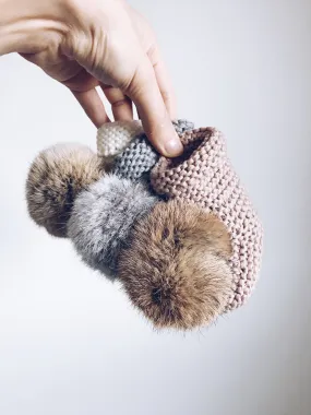 MILOVES Signature Hand Knitted baby booties with rabbit fur pompom