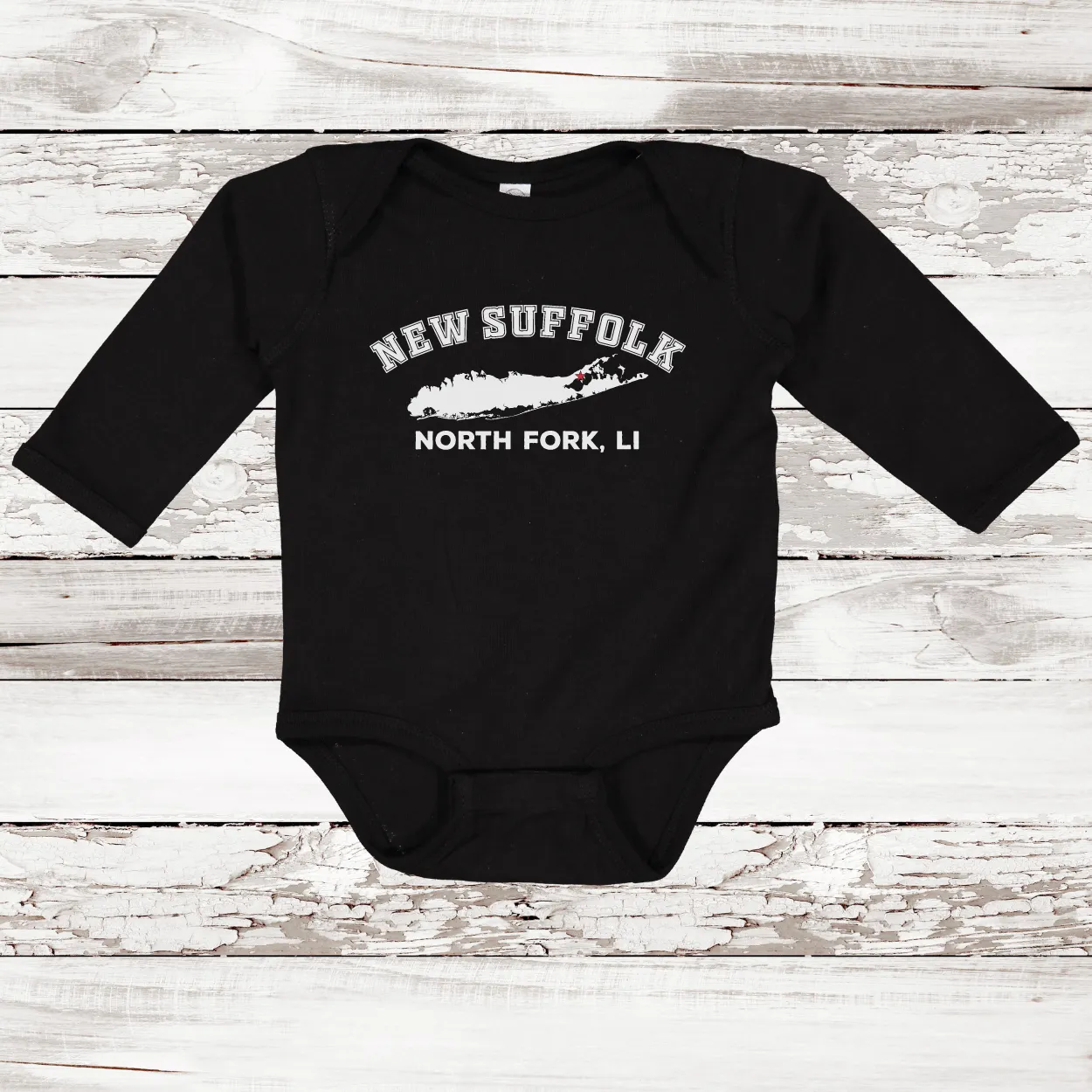 New Suffolk North Fork LI Long Sleeve Baby Onesie | Classic Colors